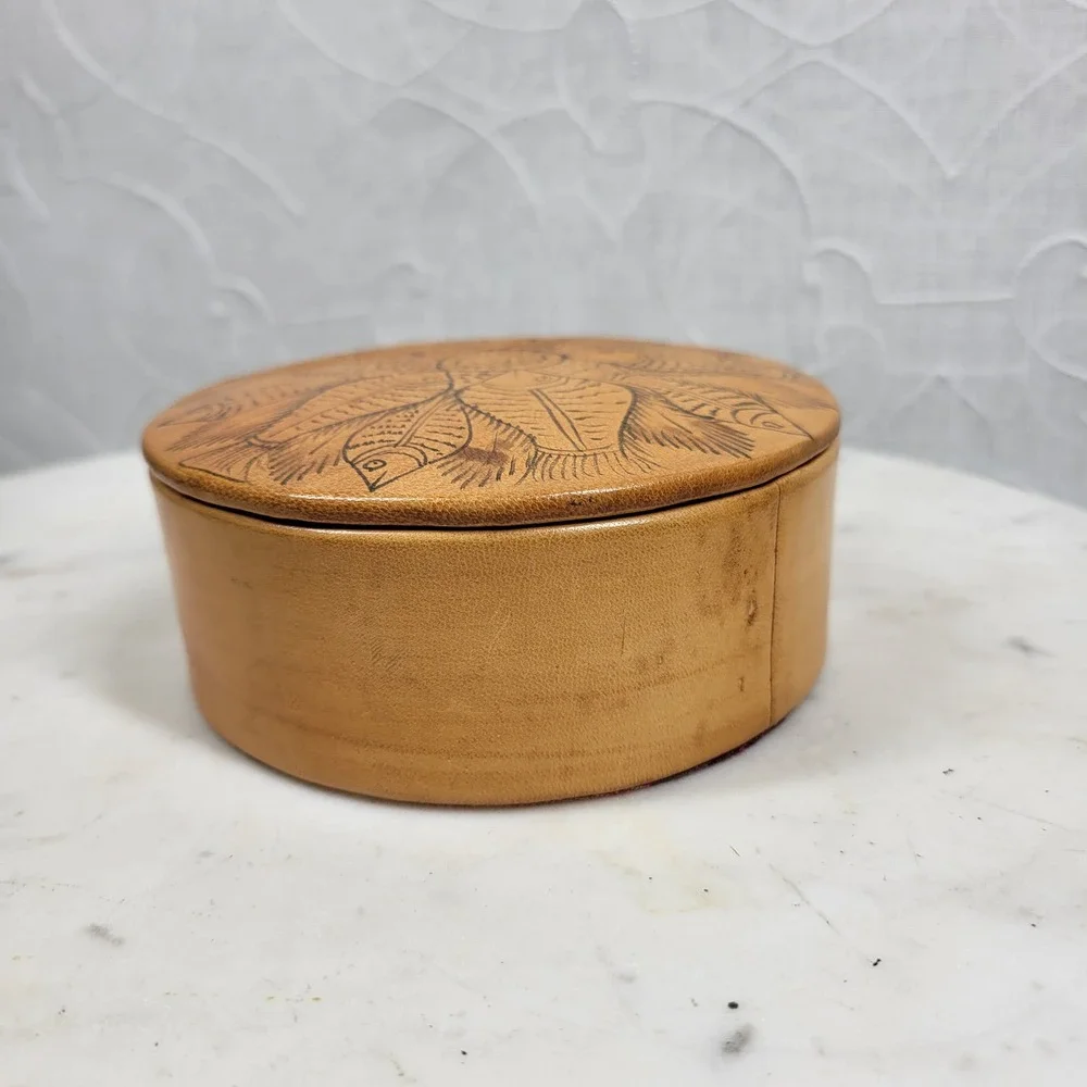VTG Hand Painted Leather Fish Coaster Set w Storage Box Silk Back Folk Art Boho